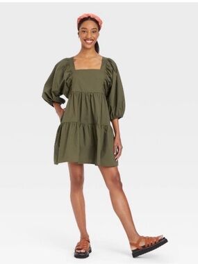 NWOT: A New Day Olive Green Puff-Sleeve Tiered Mini Dress